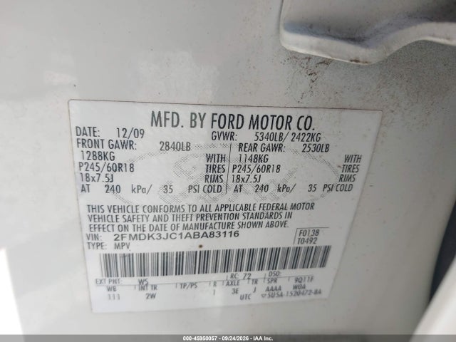 Продажа на аукционе авто 2010 Ford Edge Sel, vin: 2FMDK3JC1ABA83116, номер лота: 45950057