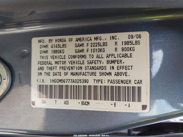 Продаж на аукціоні авто 2007 Honda Accord 2.4 Ex, vin: 1HGCM56777A025390, номер лоту: 45950060