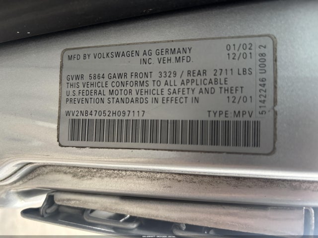 45950077 :رقم المزاد ، WV2NB47052H097117 vin ، 2002 Volkswagen Eurovan Mv مزاد بيع