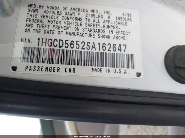 1995 Honda Accord Ex მანქანა იყიდება აუქციონზე, vin: 1HGCD5652SA162647, აუქციონის ნომერი: 45950078