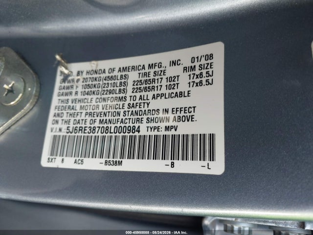 Продажа на аукционе авто 2008 Honda Cr-v Ex-l, vin: 5J6RE38708L000984, номер лота: 45950088