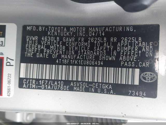 45950127 :رقم المزاد ، 4T1BF1FK1EU806494 vin ، 2014 Toyota Camry Xle مزاد بيع