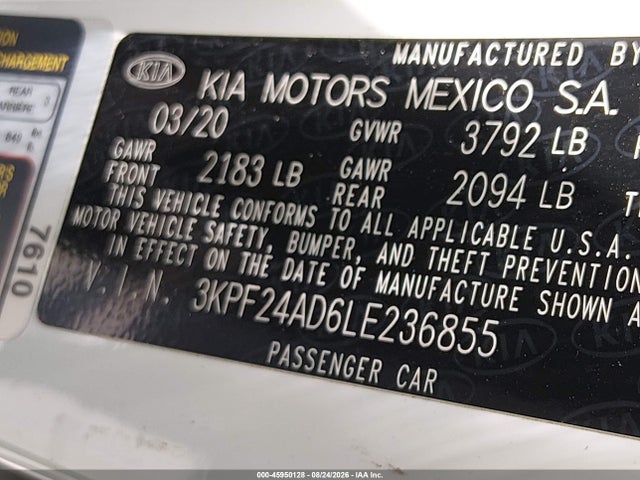 Продаж на аукціоні авто 2020 Kia Forte Lxs, vin: 3KPF24AD6LE236855, номер лоту: 45950128