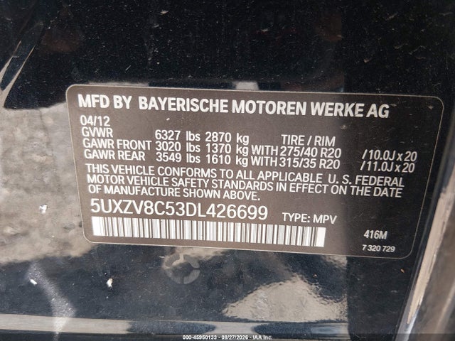 45950133 :رقم المزاد ، 5UXZV8C53DL426699 vin ، 2013 Bmw X5 Xdrive50i مزاد بيع