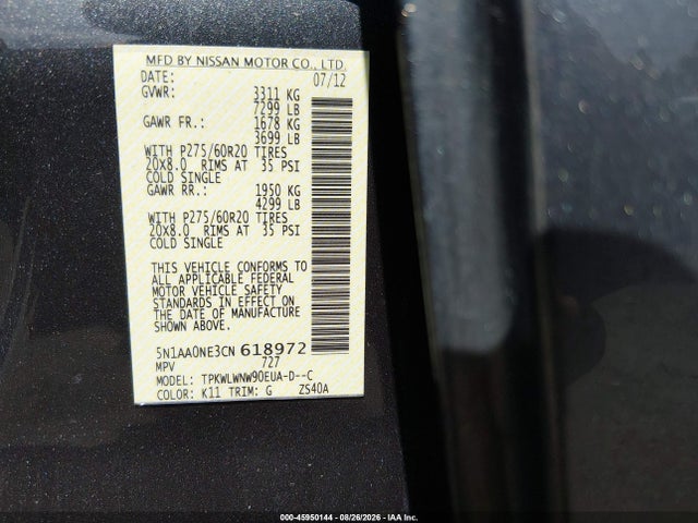 Продаж на аукціоні авто 2012 Nissan Armada Platinum, vin: 5N1AA0NE3CN618972, номер лоту: 45950144