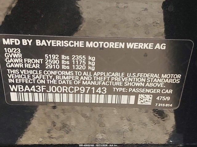 Продаж на аукціоні авто 2024 Bmw 530i, vin: WBA43FJ00RCP97143, номер лоту: 45950168