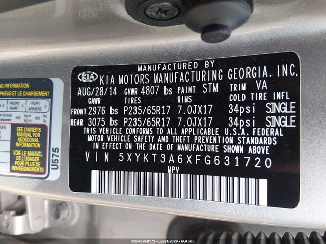 Продаж на аукціоні авто 2015 Kia Sorento Lx, vin: 5XYKT3A6XFG631720, номер лоту: 45950172