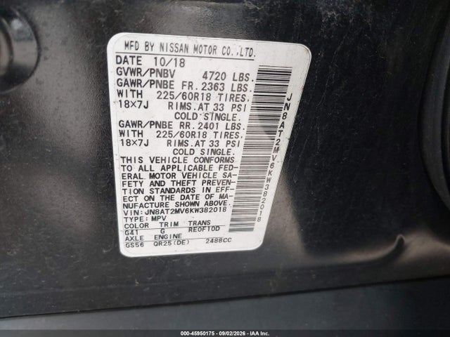 45950175 :رقم المزاد ، JN8AT2MV6KW382018 vin ، 2019 Nissan Rogue Sv مزاد بيع