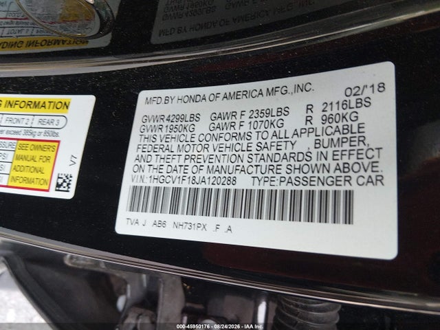Продаж на аукціоні авто 2018 Honda Accord Lx, vin: 1HGCV1F18JA120288, номер лоту: 45950176