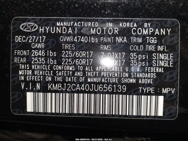 Продаж на аукціоні авто 2018 Hyundai Tucson Se, vin: KM8J2CA40JU656139, номер лоту: 45950184