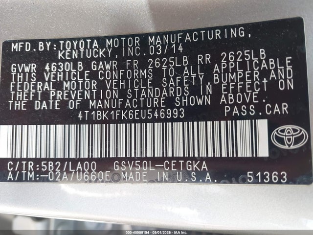 Продажа на аукционе авто 2014 Toyota Camry Xle V6, vin: 4T1BK1FK6EU546993, номер лота: 45950194