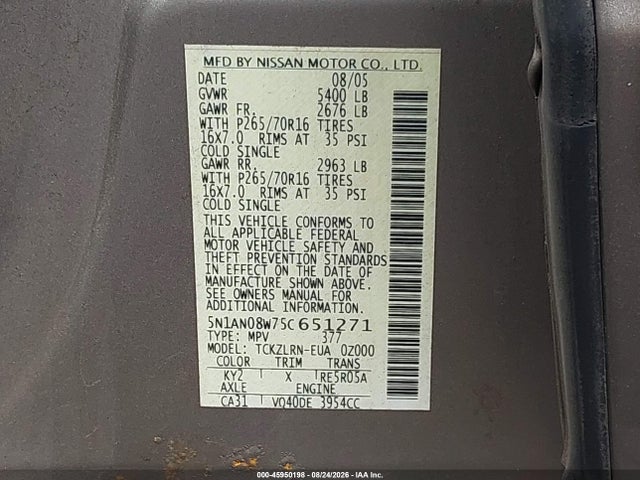45950198 :رقم المزاد ، 5N1AN08W75C651271 vin ، 2005 Nissan Xterra S مزاد بيع
