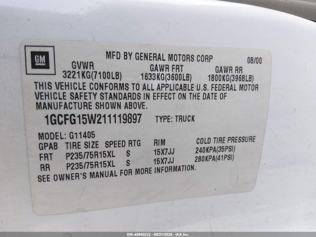 Продаж на аукціоні авто 2001 Chevrolet Express, vin: 1GCFG15W211119897, номер лоту: 45950222