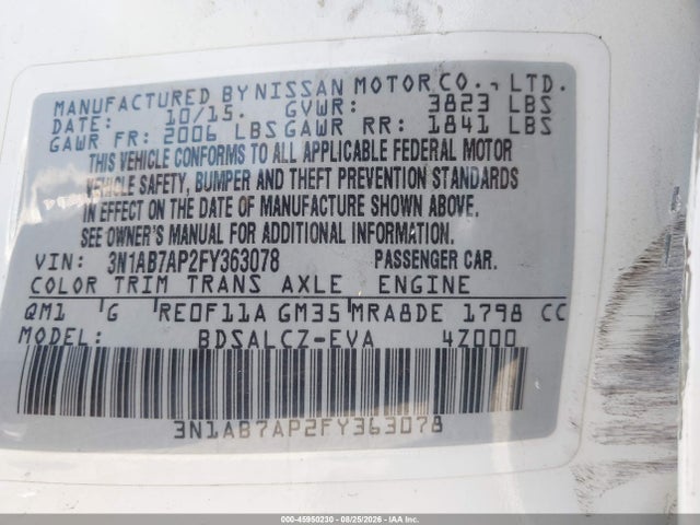 Продаж на аукціоні авто 2015 Nissan Sentra S, vin: 3N1AB7AP2FY363078, номер лоту: 45950230
