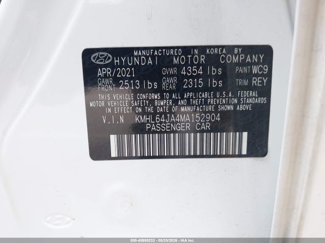 2021 Hyundai Sonata Sel მანქანა იყიდება აუქციონზე, vin: KMHL64JA4MA152904, აუქციონის ნომერი: 45950232