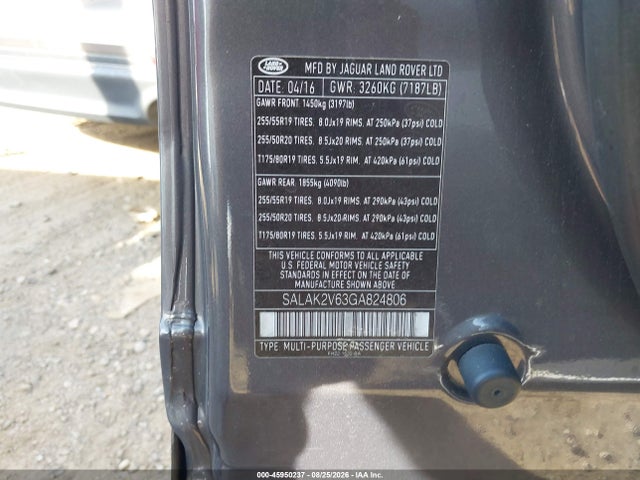45950237 :رقم المزاد ، SALAK2V63GA824806 vin ، 2016 Land Rover Lr4 مزاد بيع