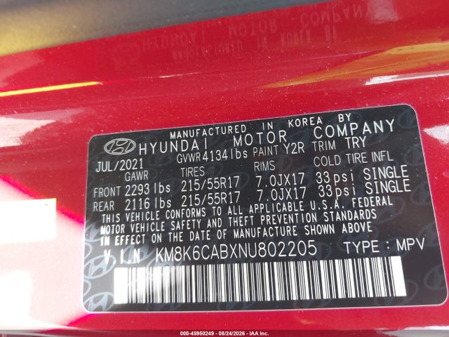 Aukcja sprzedaży 2022 Hyundai Kona Sel, vin: KM8K6CABXNU802205, numer aukcji: 45950249