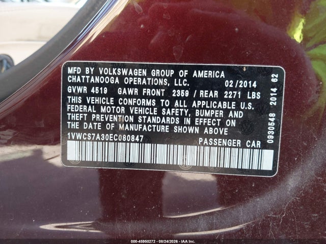 2014 Volkswagen Passat 1.8t Sel Premium მანქანა იყიდება აუქციონზე, vin: 1VWCS7A30EC080847, აუქციონის ნომერი: 45950272