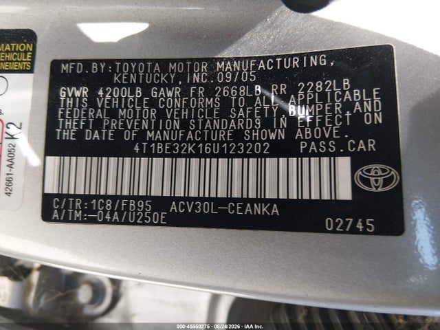2006 Toyota Camry Le მანქანა იყიდება აუქციონზე, vin: 4T1BE32K16U123202, აუქციონის ნომერი: 45950275