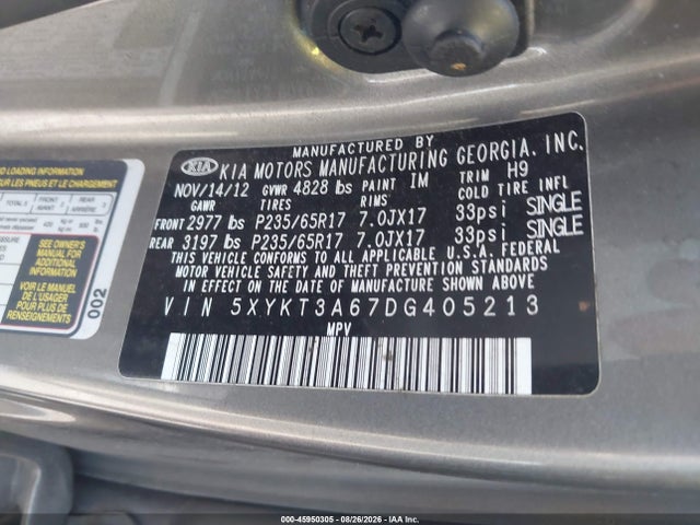 45950305 :رقم المزاد ، 5XYKT3A67DG405213 vin ، 2013 Kia Sorento Lx مزاد بيع