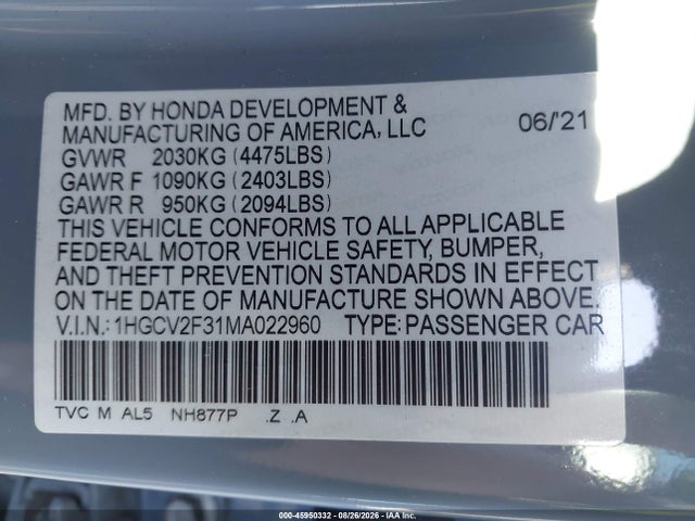 Aukcja sprzedaży 2021 Honda Accord Sport 2.0t, vin: 1HGCV2F31MA022960, numer aukcji: 45950332