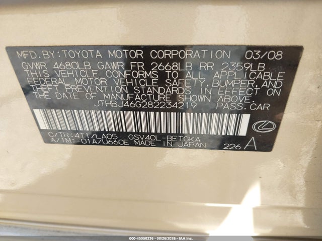 Продажа на аукционе авто 2008 Lexus Es 350, vin: JTHBJ46G282234219, номер лота: 45950336