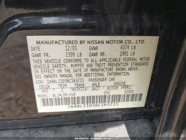 Auction sale of the 2006 Nissan Altima 3.5 Sl, vin: 1N4BL11D56C163215, lot number: 45950338