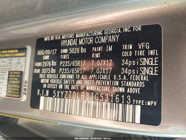 45950355 :رقم المزاد ، 5XYZTDLB3JG531613 vin ، 2018 Hyundai Santa Fe Sport 2.4l مزاد بيع