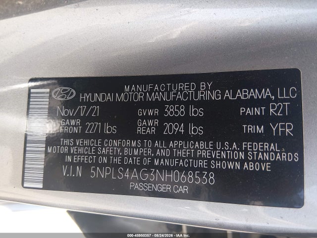 Aukcja sprzedaży 2022 Hyundai Elantra Sel, vin: 5NPLS4AG3NH068538, numer aukcji: 45950357