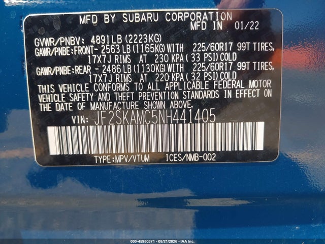 Продаж на аукціоні авто 2022 Subaru Forester Wilderness, vin: JF2SKAMC5NH441405, номер лоту: 45950371