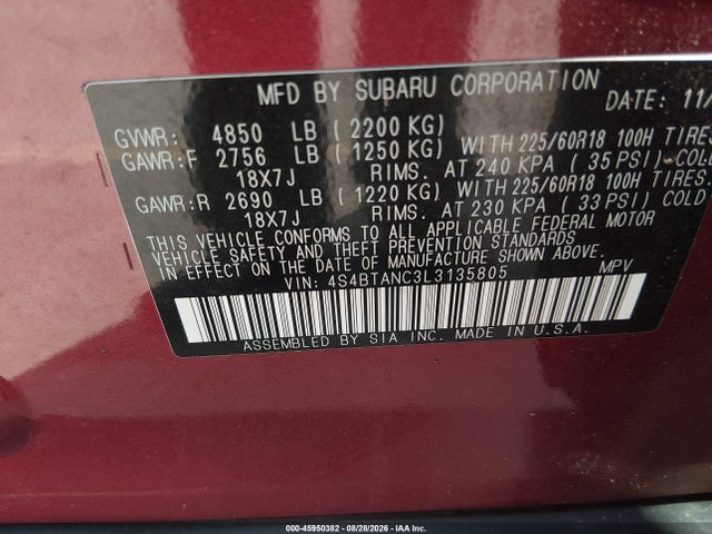45950382 :رقم المزاد ، 4S4BTANC3L3135805 vin ، 2020 Subaru Outback Limited مزاد بيع