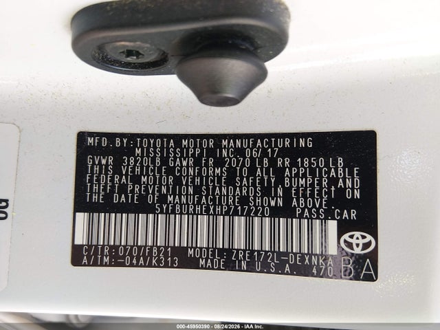 Aukcja sprzedaży 2017 Toyota Corolla Le, vin: 5YFBURHEXHP717220, numer aukcji: 45950390