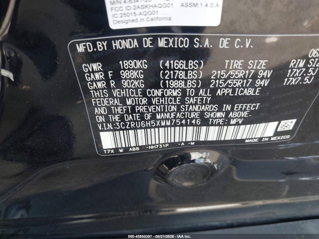 45950397 :رقم المزاد ، 3CZRU6H5XMM754146 vin ، 2021 Honda Hr-v Awd Ex مزاد بيع