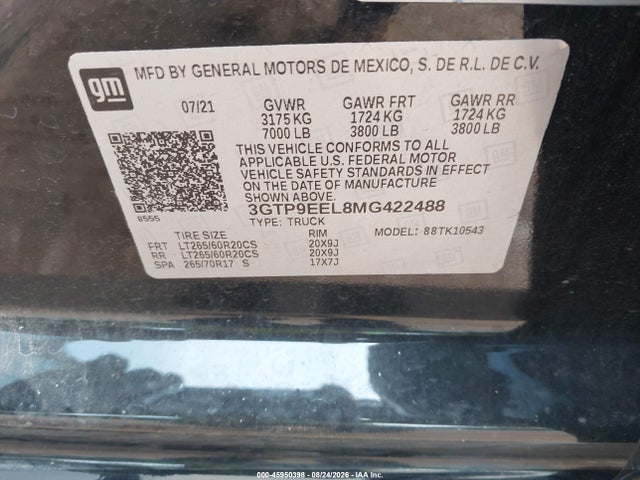45950398 :رقم المزاد ، 3GTP9EEL8MG422488 vin ، 2021 Gmc Sierra 1500 4wd  Short Box At4 مزاد بيع