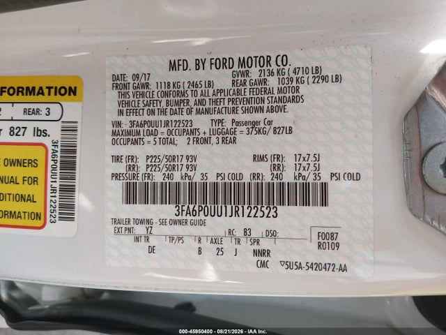 2018 Ford Fusion Hybrid S მანქანა იყიდება აუქციონზე, vin: 3FA6P0UU1JR122523, აუქციონის ნომერი: 45950400