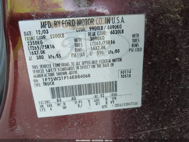 45950405 :رقم المزاد ، 1FTSW31P14EB84068 vin ، 2004 Ford F-350 Lariat/xl/xlt مزاد بيع