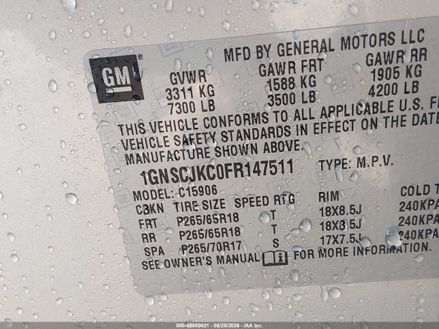 45950421 :رقم المزاد ، 1GNSCJKC0FR147511 vin ، 2015 Chevrolet Suburban Lt مزاد بيع