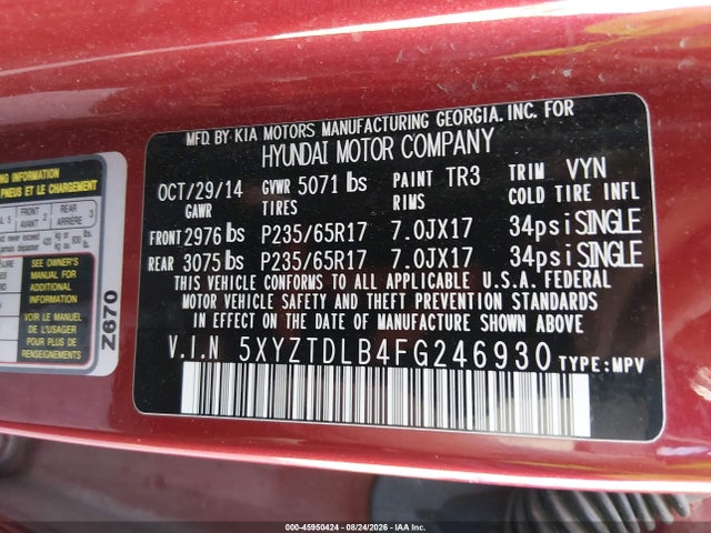 45950424 :رقم المزاد ، 5XYZTDLB4FG246930 vin ، 2015 Hyundai Santa Fe Sport 2.4l مزاد بيع