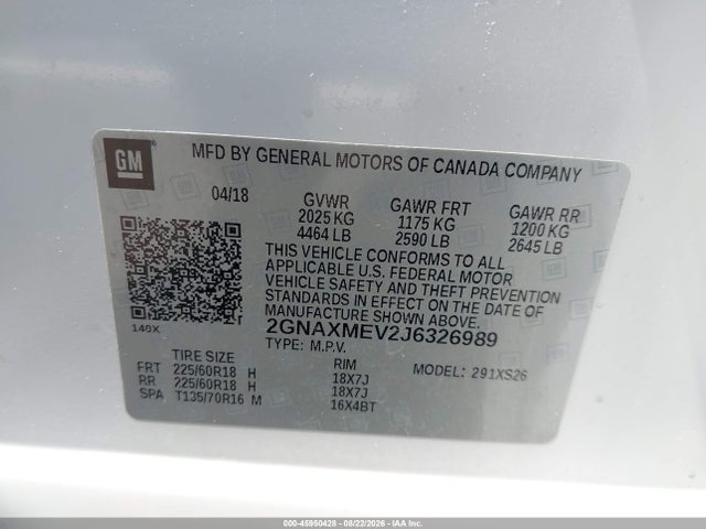 Продаж на аукціоні авто 2018 Chevrolet Equinox Premier, vin: 2GNAXMEV2J6326989, номер лоту: 45950428
