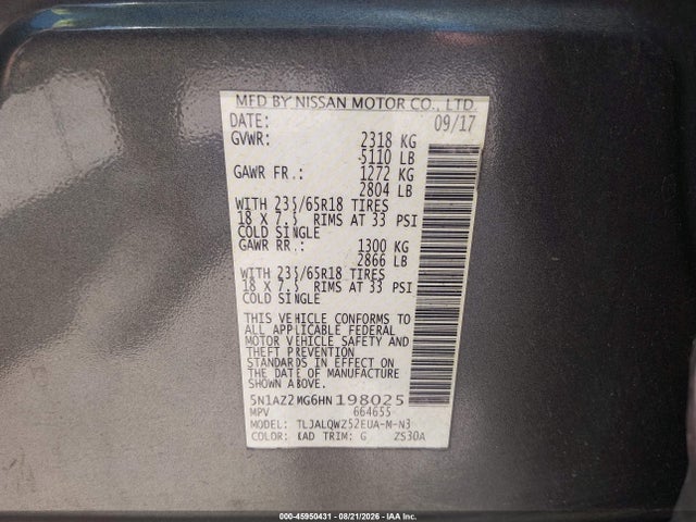 45950431 :رقم المزاد ، 5N1AZ2MG6HN198025 vin ، 2017 Nissan Murano Sv مزاد بيع