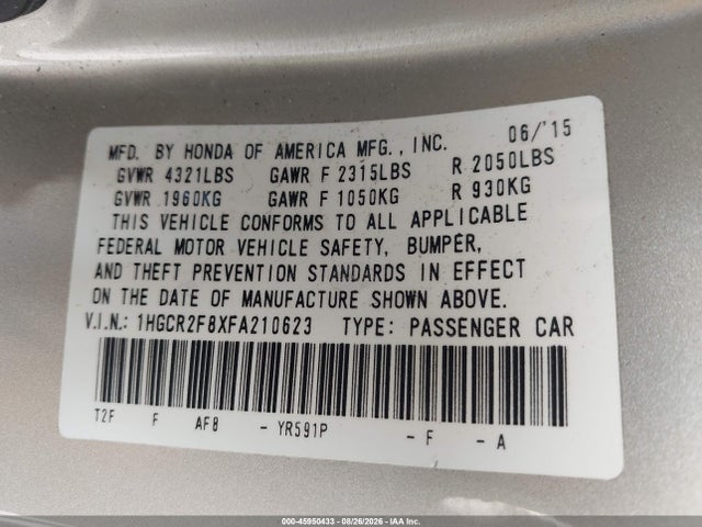 45950433 :رقم المزاد ، 1HGCR2F8XFA210623 vin ، 2015 Honda Accord Ex-l مزاد بيع