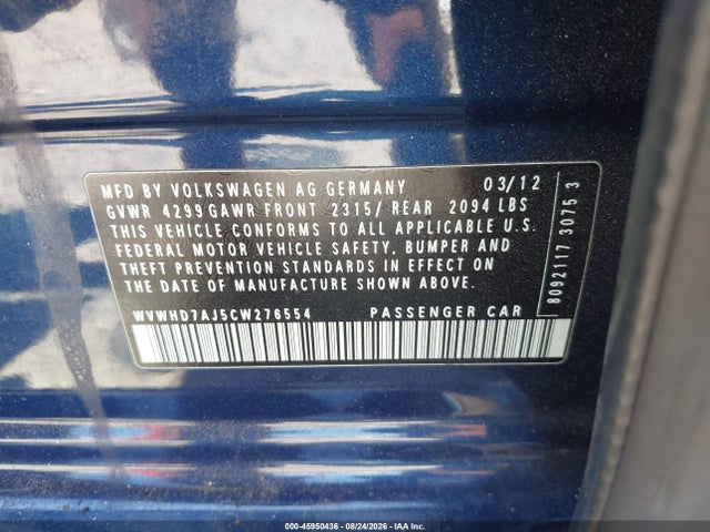 2012 Volkswagen Gti 4-door მანქანა იყიდება აუქციონზე, vin: WVWHD7AJ5CW276554, აუქციონის ნომერი: 45950436