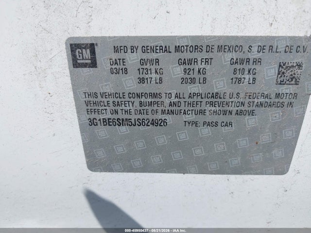 Продажа на аукционе авто 2018 Chevrolet Cruze Lt Auto, vin: 3G1BE6SM5JS624926, номер лота: 45950437