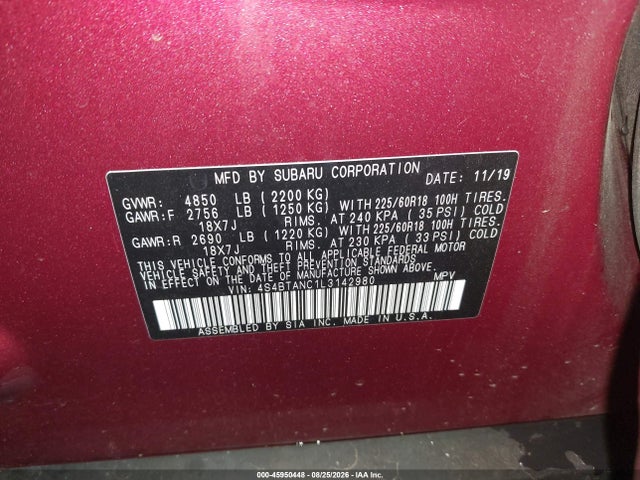 Продажа на аукционе авто 2020 Subaru Outback Limited, vin: 4S4BTANC1L3142980, номер лота: 45950448
