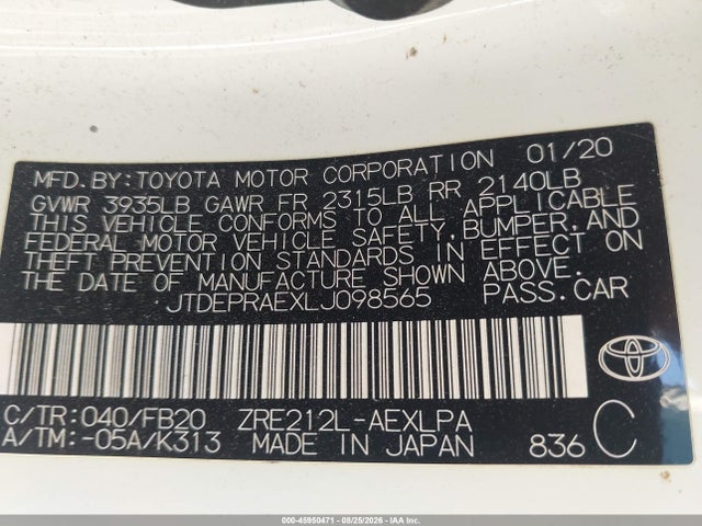 Aukcja sprzedaży 2020 Toyota Corolla Le, vin: JTDEPRAEXLJ098565, numer aukcji: 45950471