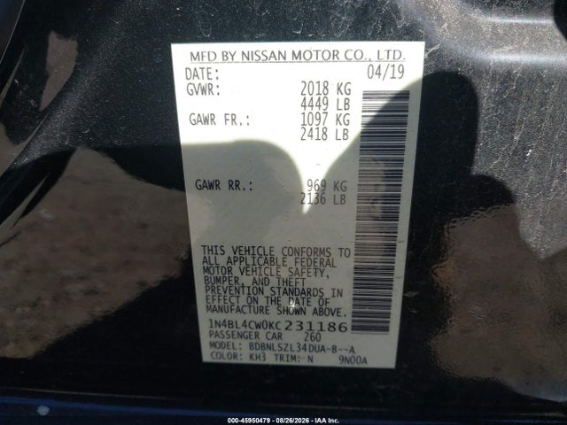Продажа на аукционе авто 2019 Nissan Altima 2.5 Sr, vin: 1N4BL4CW0KC231186, номер лота: 45950479