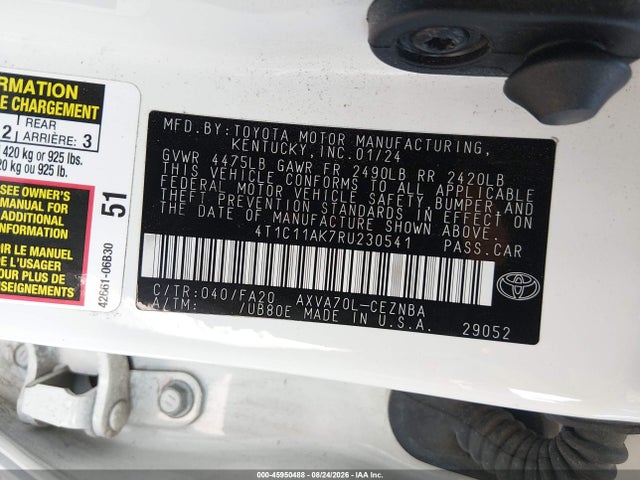 Продаж на аукціоні авто 2024 Toyota Camry Le, vin: 4T1C11AK7RU230541, номер лоту: 45950488