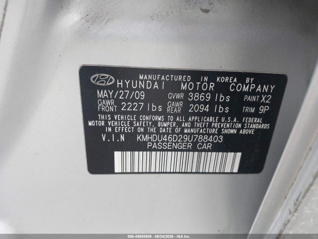 45950509 :رقم المزاد ، KMHDU46D29U788403 vin ، 2009 Hyundai Elantra Se مزاد بيع
