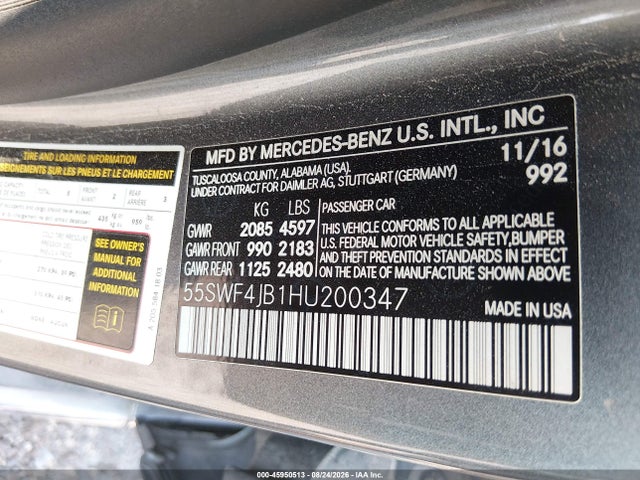 45950513 :رقم المزاد ، 55SWF4JB1HU200347 vin ، 2017 Mercedes-benz C 300 مزاد بيع