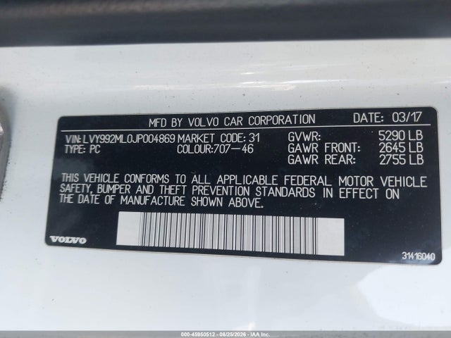 2018 Volvo S90 T6 Inscription მანქანა იყიდება აუქციონზე, vin: LVY992ML0JP004869, აუქციონის ნომერი: 45950512